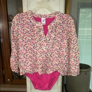 CARTERS SIZE 24 MONTHS PINK WITH FLORAL MOCK SHIRT LONG SLEEVE ONESIE